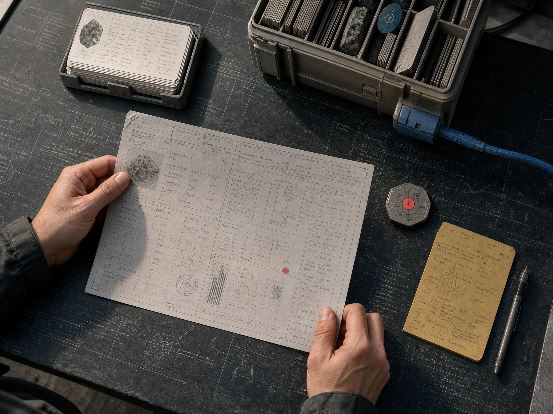Data station materials on a technical table